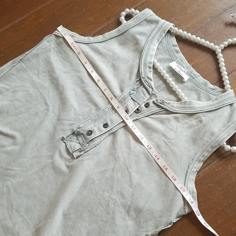 Zenana Half Button Raw Edge Washed Sleeveless Henley Top Light Olive Green - Picture 8 of 10